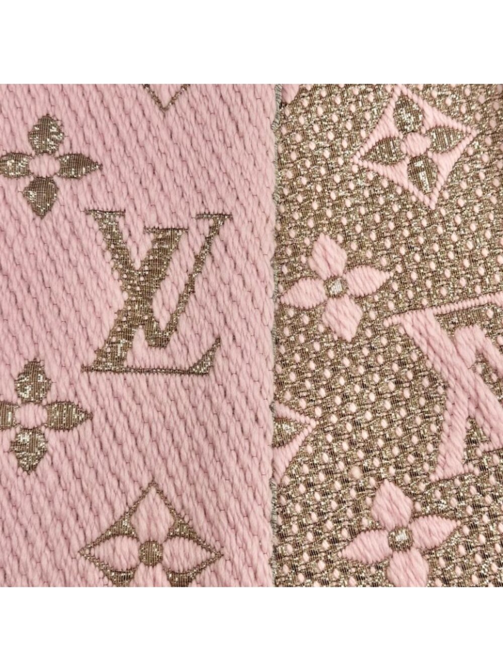 Louis Vuitton Echarpe Logo Mania Shine Wool Silk Blend Scarf Pink Gold - Picture 4 of 8